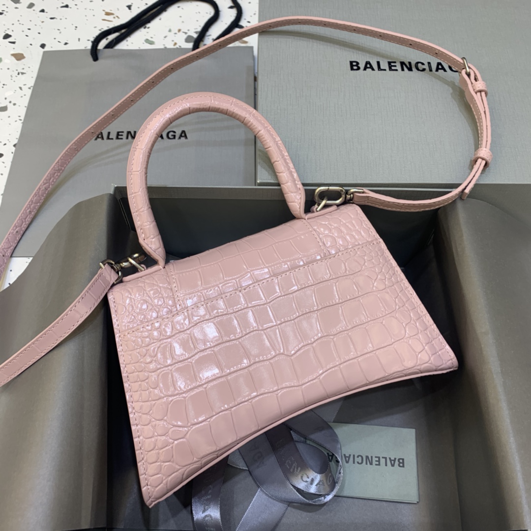 Balenciaga Hourglass Small Handbag Crocodile Embossed Shoulder Bag Pink